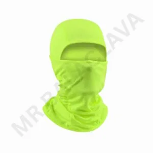 Neon yellow-green knitted balaclava covering head and neck with eye opening at the top for visibility.
