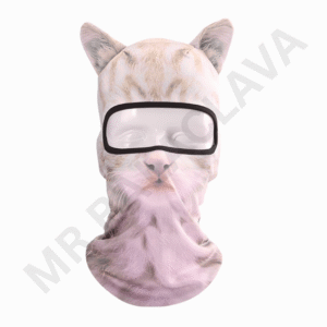 A cat-themed balaclava with ears and a large clear plastic eye shield, worn over the head with the mask extending down to cover the neck.