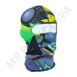 Full-face balaclava with a colorful abstract geometric design, eye opening covered by a fabric panel, showing multiple bright shapes in green, purple, blue, yellow, and black.