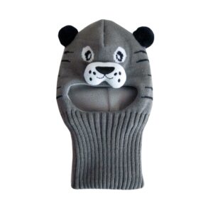 Grey knitted balaclava with a white animal face and black ears, mouth opening.
