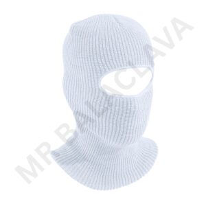 Light gray knitted balaclava with a single eye opening, covering the head, neck, and lower face.