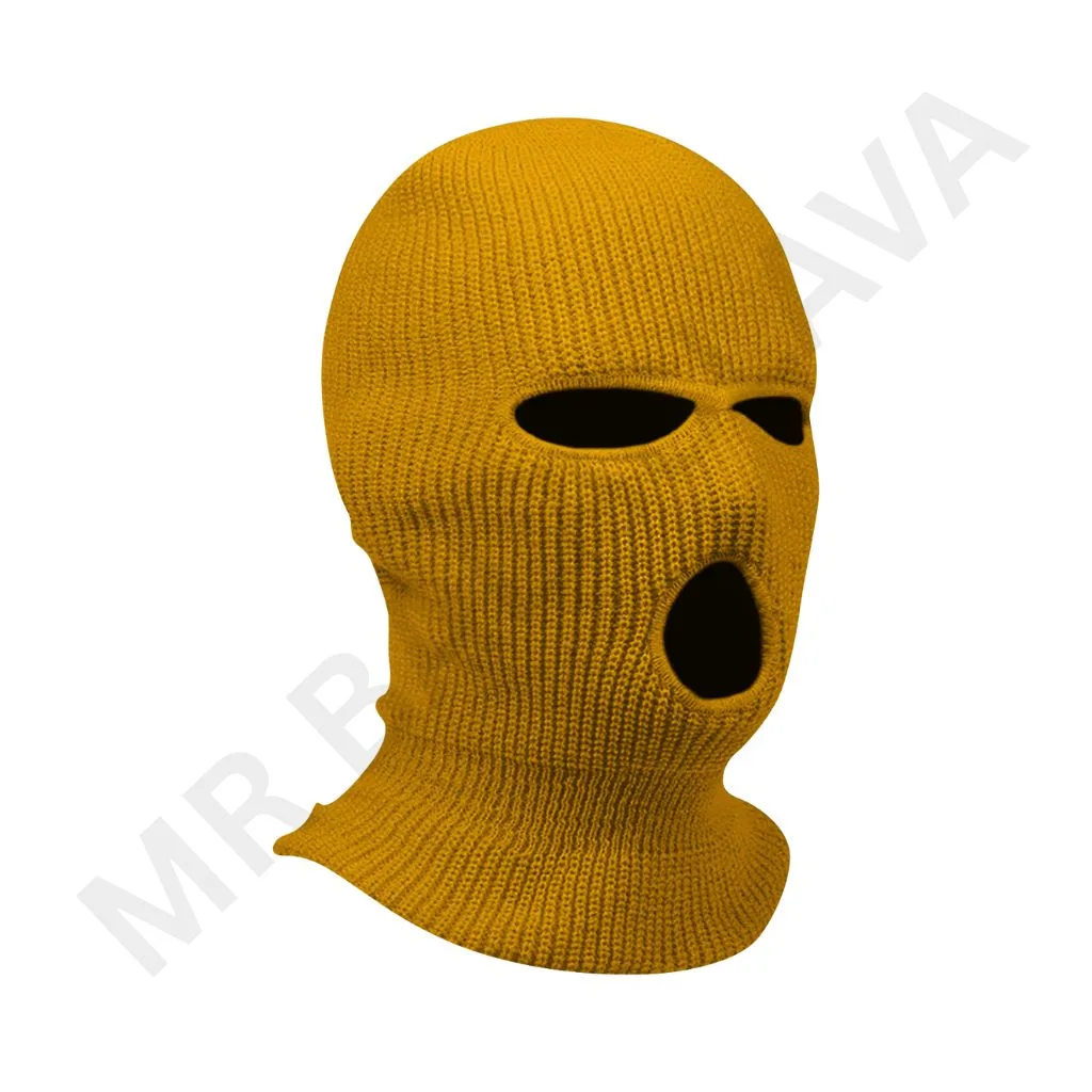 Mustard-yellow knitted balaclava with eye holes and mouth opening, covering the head, neck, and lower face.