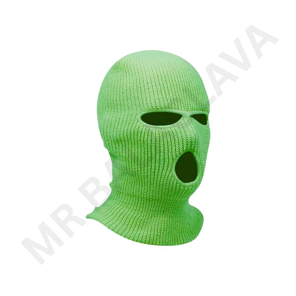 Neon green knitted balaclava with eye openings and a large mouth/vent hole, covering the head, neck, and lower face.