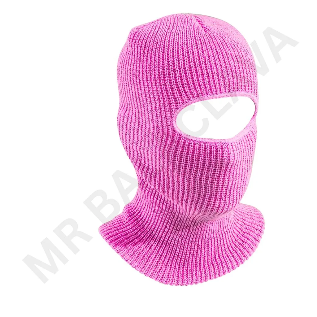 Bright pink knitted balaclava with a single eye opening, covering the head, neck, and lower face.