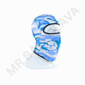 Blue camouflage balaclava with black eye-opening trim displayed on a white mannequin head.
