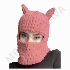 Pink knitted balaclava with two ears and a large face opening under the eyes.