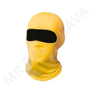 Yellow full-face balaclava with large black eye opening for ski or outdoor use