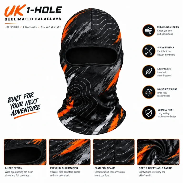 Custom Topographic Sublimated Balaclava – Black & Orange: features and views