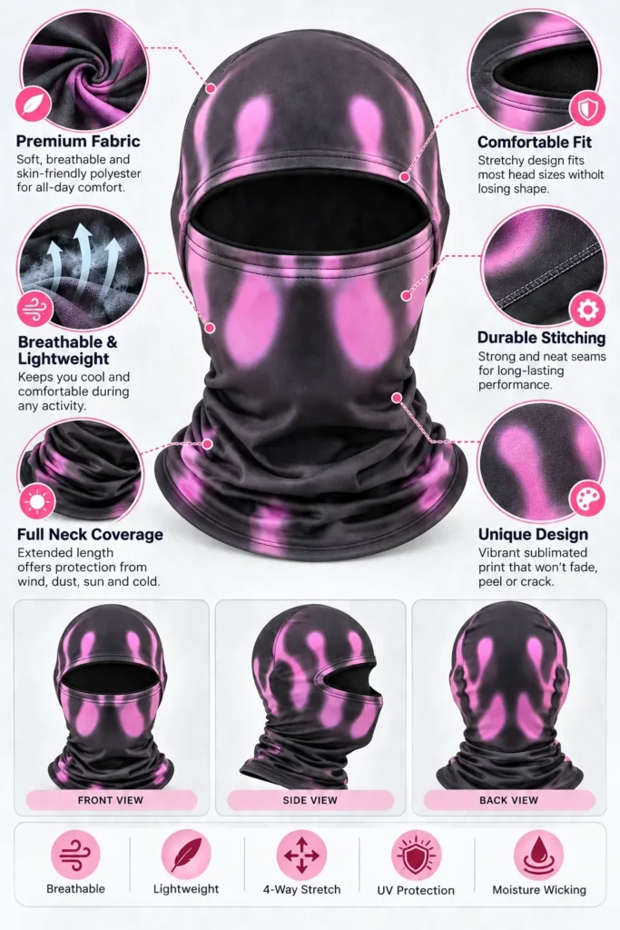 Pasamontañas sublimado negro y rosa – diseño de goteo: características y vistas
