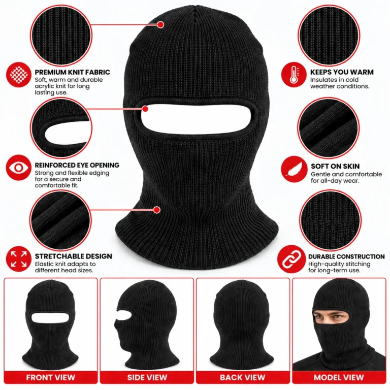 Black One-Hole Knitted Balaclava – Fine-Gauge Acrylic Knit: features and views