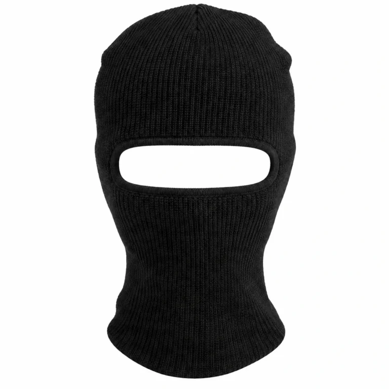 Front view of the black one-hole knitted balaclava