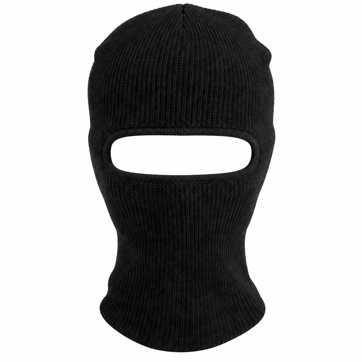Front view of the black one-hole knitted balaclava