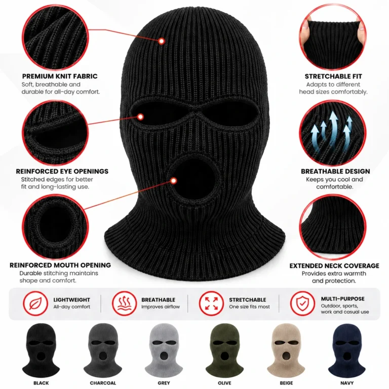 Black Three-Hole Knitted Balaclava – Reinforced Openings: features and views