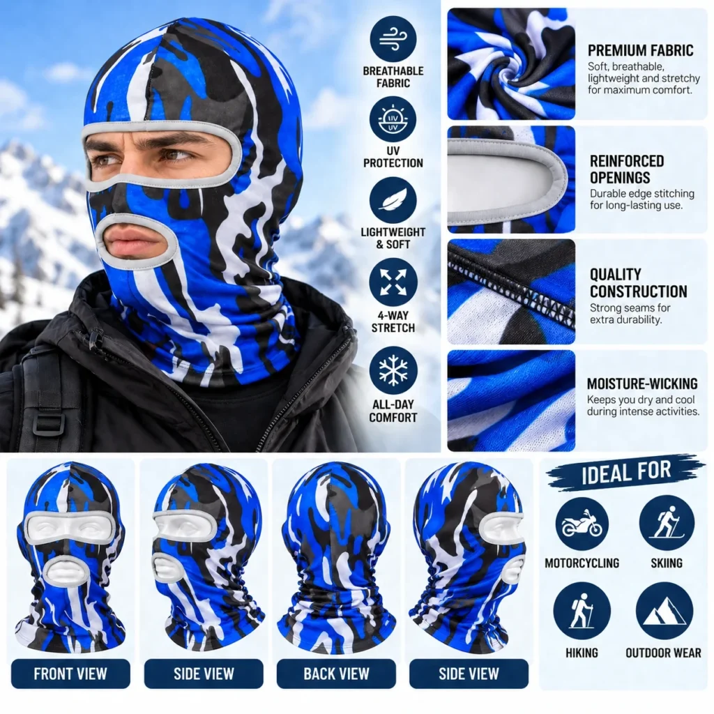 Cagoule sublimée camouflage bleu – ouvertures yeux et bouche : caractéristiques et vues