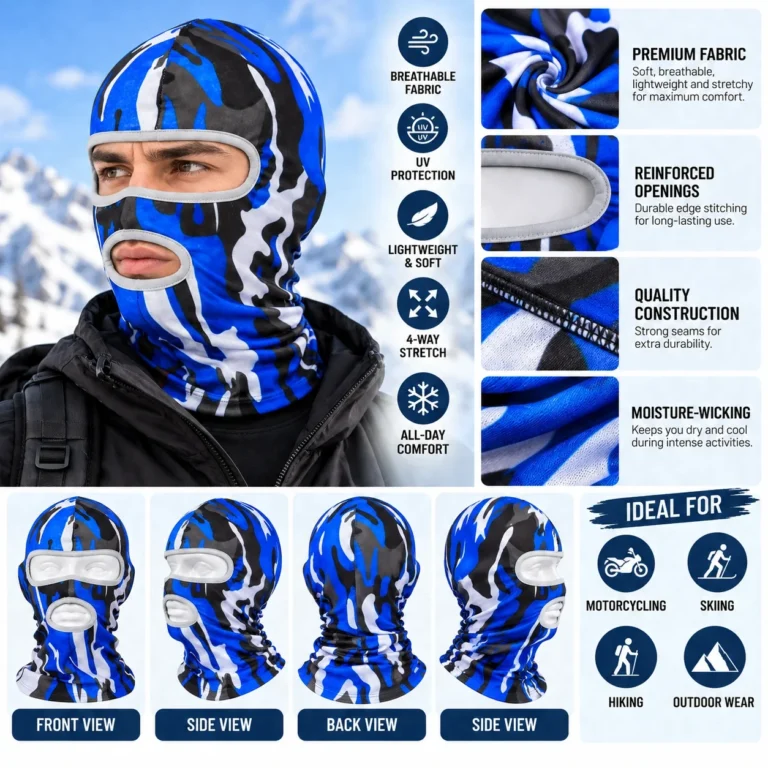 Custom Blue Camo Sublimated Balaclava – Eye & Mouth Openings: features and views