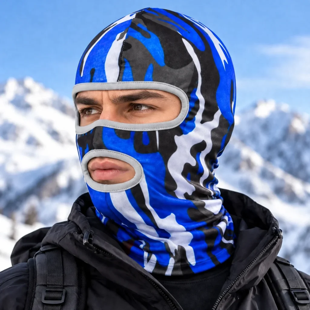 Front view of the blue camo sublimated balaclava