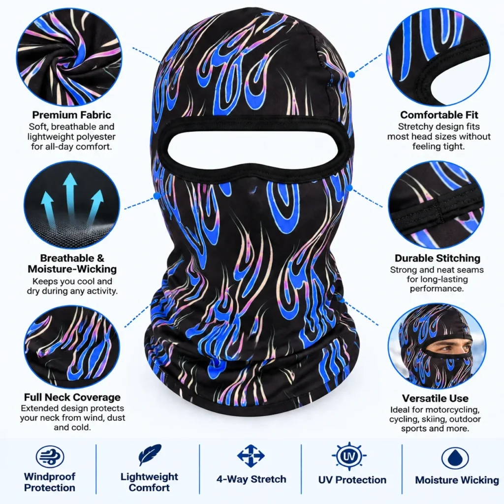 Cagoule sublimée flammes bleues – col couvrant : caractéristiques et vues