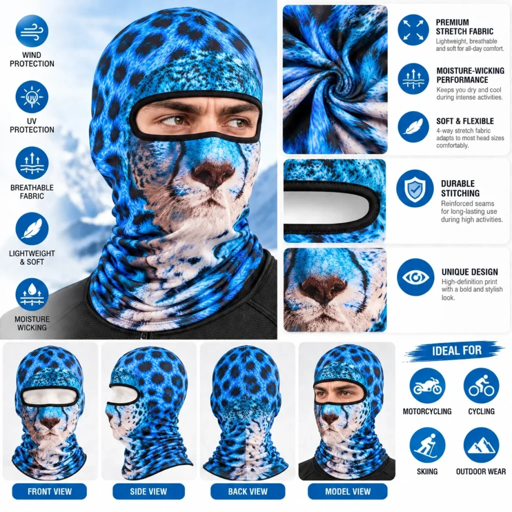 Cagoule sublimée léopard bleu – visière en filet : caractéristiques et vues