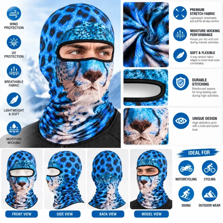 Custom Blue Leopard Sublimated Balaclava – Mesh Eye: features and views