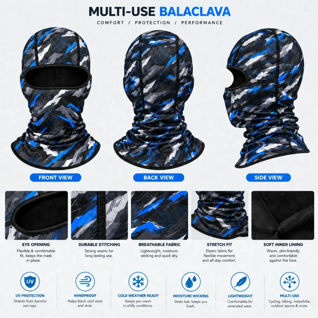 Pasamontañas sublimado de camuflaje tech azul – multiusos: características y vistas