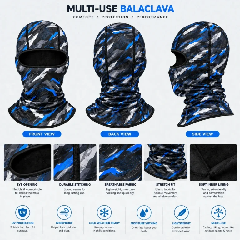 Custom Blue Tech Camo Sublimated Balaclava – Multi-Use: features and views