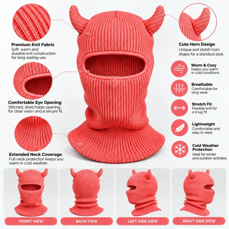Coral Devil-Horn Knitted Balaclava – Rib Knit, Extended Neck: features and views