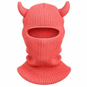 Coral Devil-Horn Knitted Balaclava – Rib Knit, Extended Neck