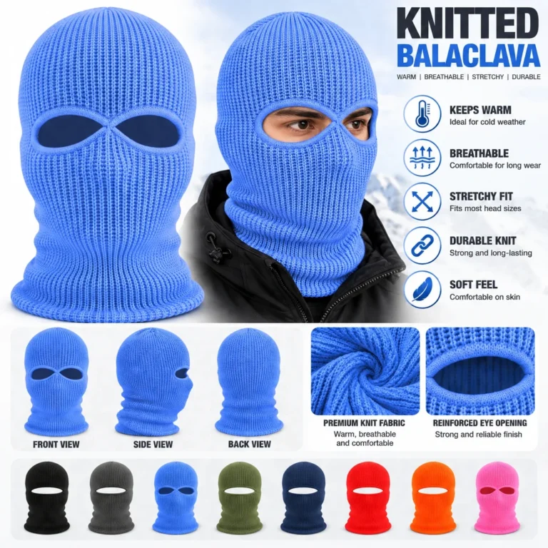Cornflower Blue Two-Hole Knitted Balaclava – Stretch Rib Knit, One Size: features and views