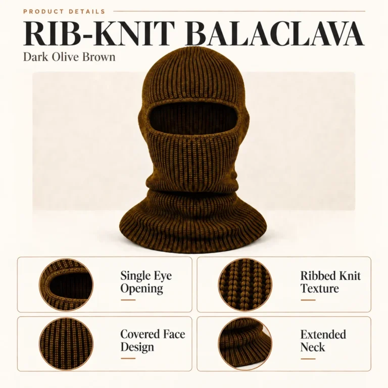 Dark Olive Brown One-Hole Knitted Balaclava – Covered Nose and Mouth: features and views