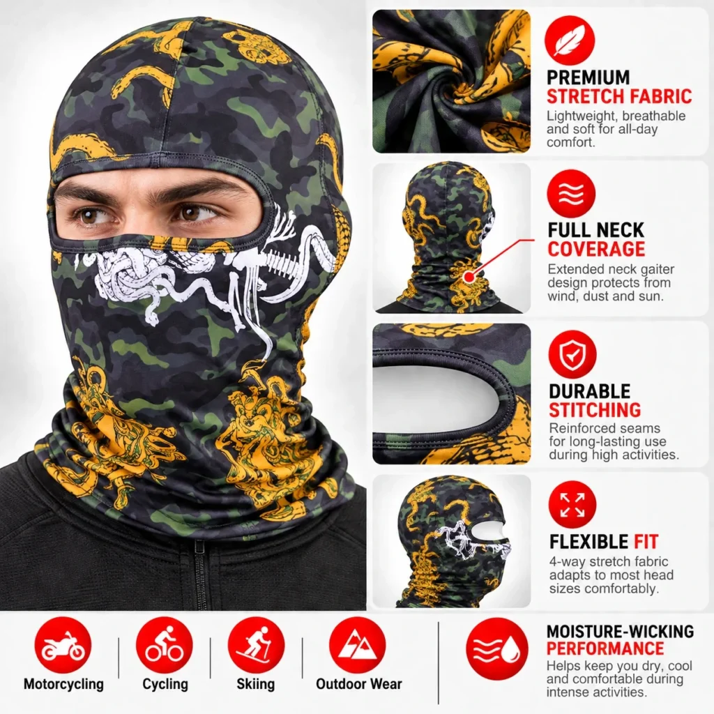 Pasamontañas sublimado de camuflaje con dragón – verde y dorado: características y vistas