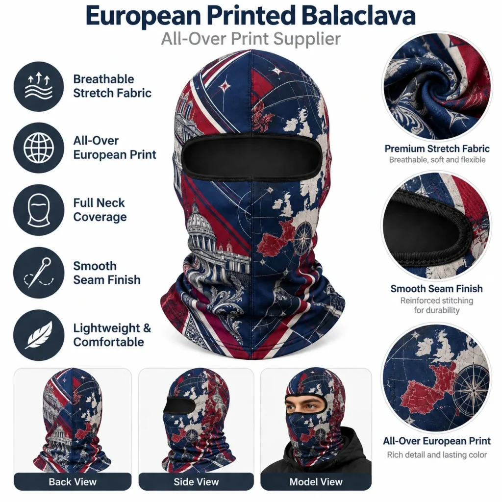 Bedruckte Sturmhaube mit Europa-Motiv – Heritage-Design: Merkmale und Ansichten