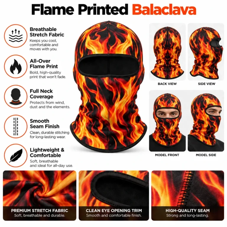 Custom Flame Print Balaclava – Breathable Stretch Fabric: features and views