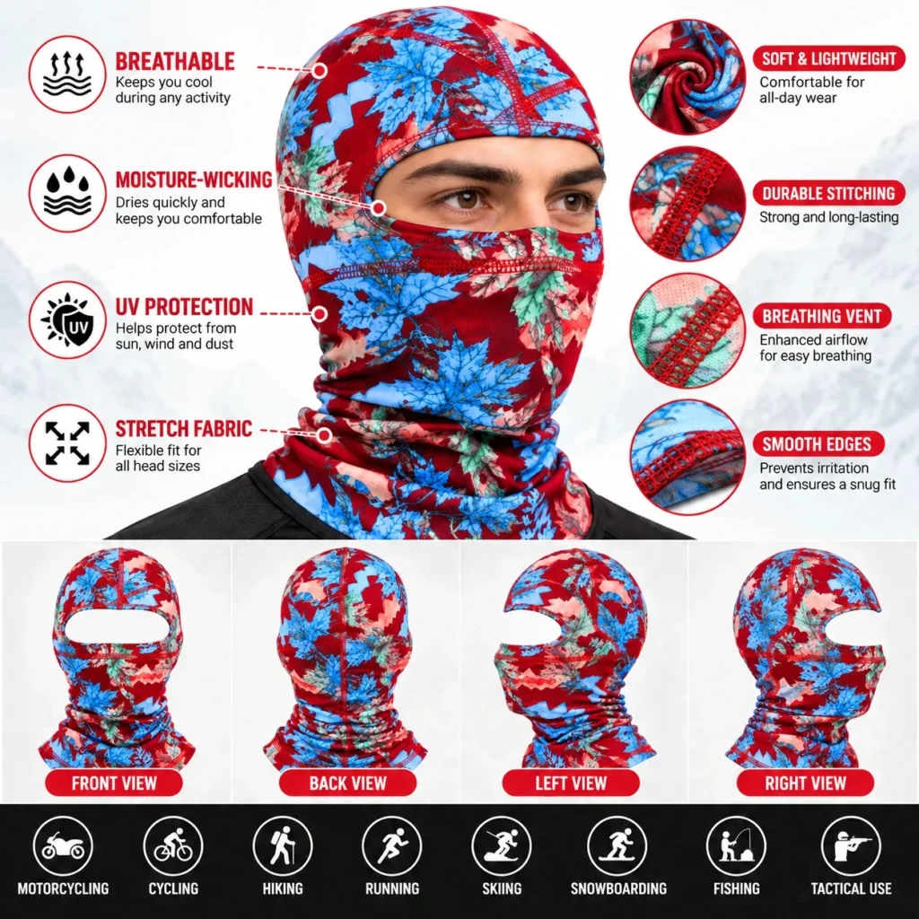 Pasamontañas sublimado de camuflaje floral – rojo y azul: características y vistas