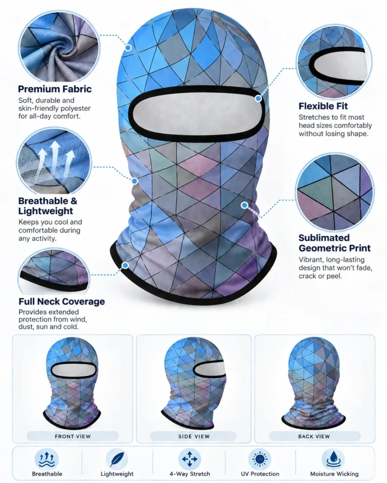 Custom Geometric Sublimated Balaclava – Blue Triangle Print: features and views