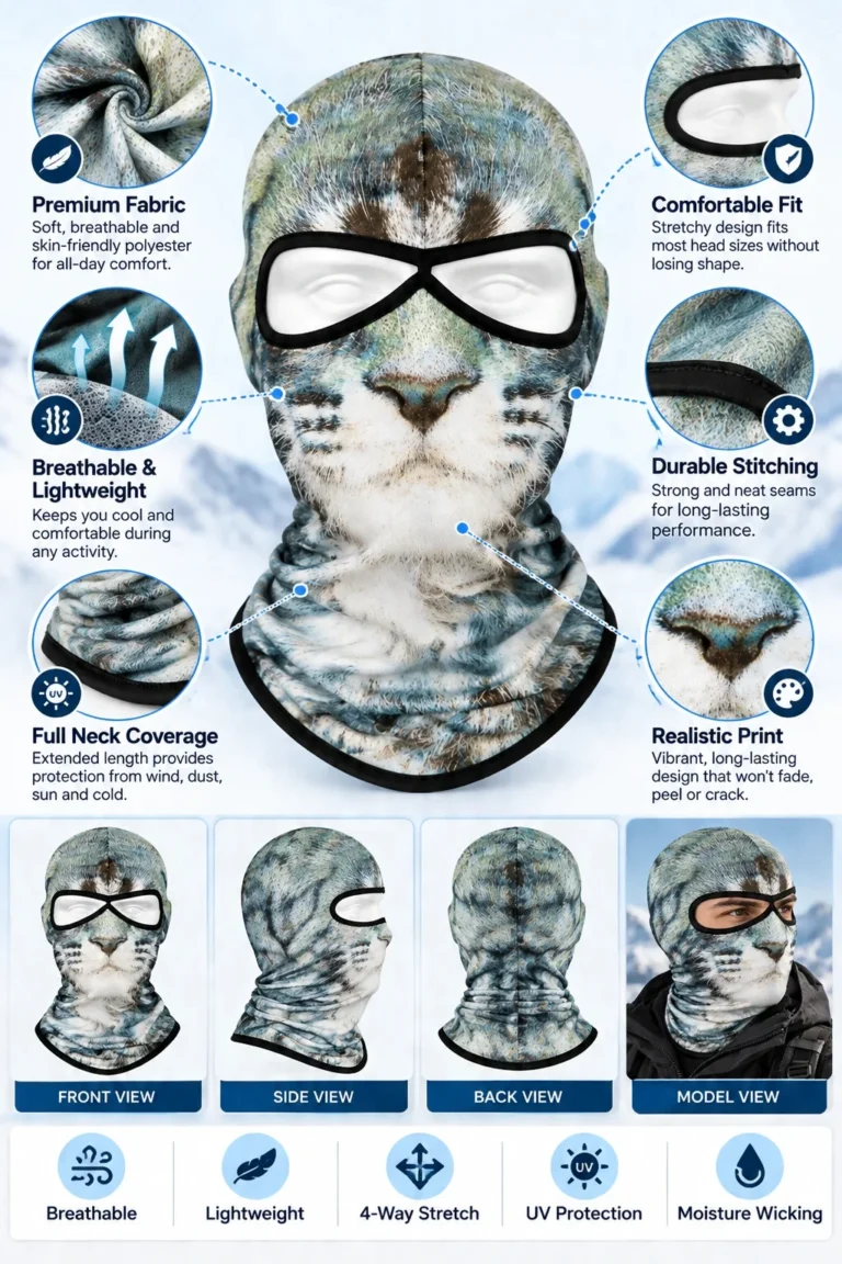 Custom Tabby Cat Sublimated Balaclava – Goggle Eye: features and views