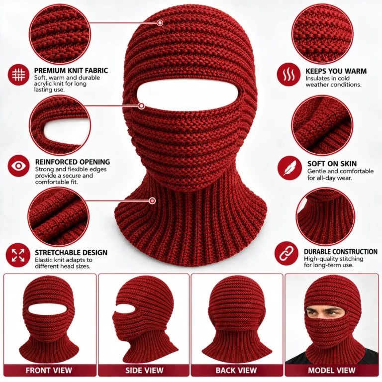 Maroon One-Hole Knitted Balaclava – Chunky Horizontal Rib: features and views