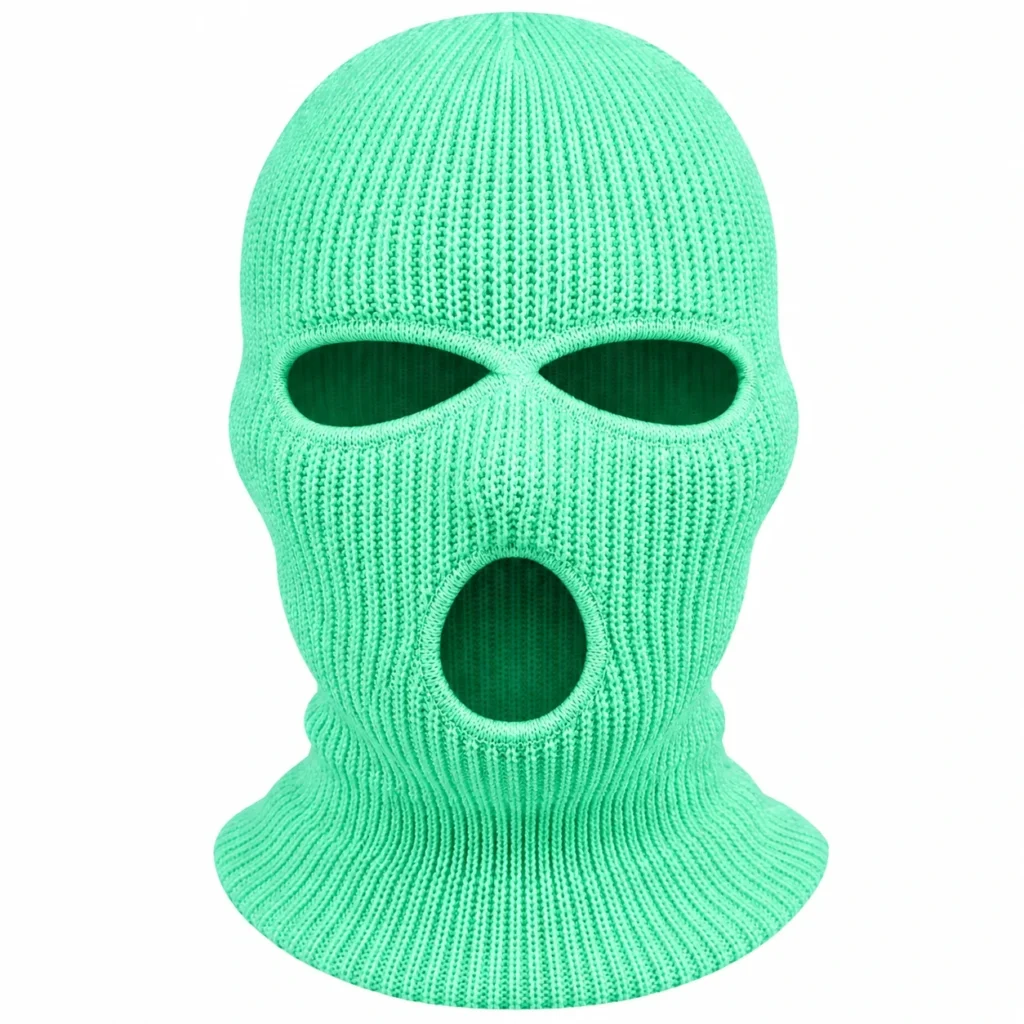 Front view of the mint three-hole knitted balaclava