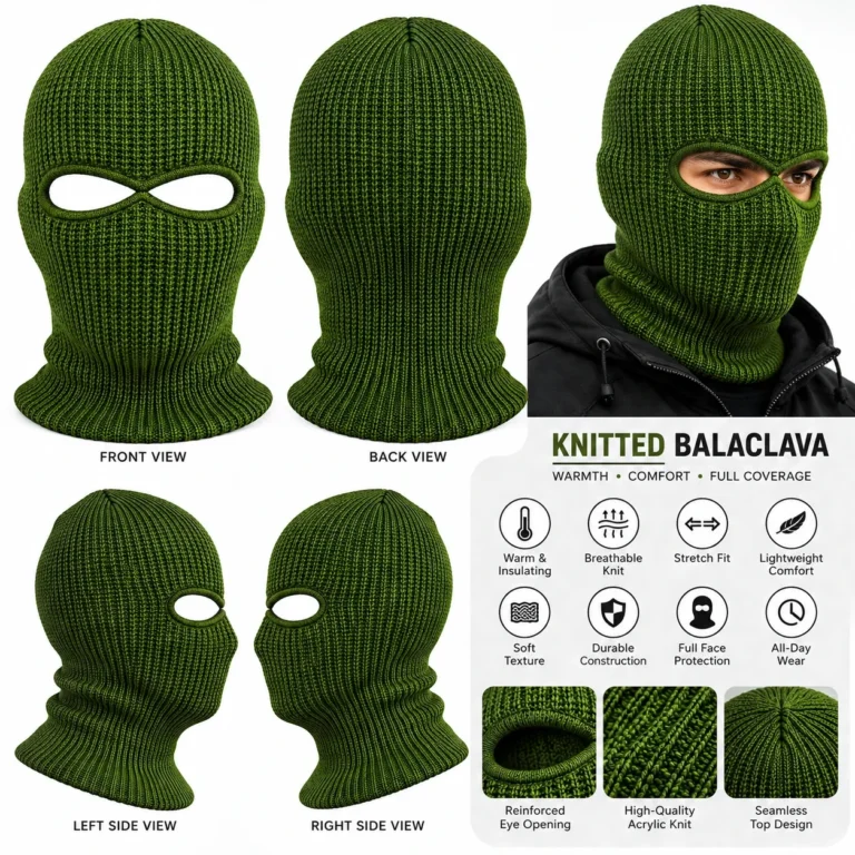 Moss Green Two-Hole Knitted Balaclava – Seamless Top, Rib Knit: features and views