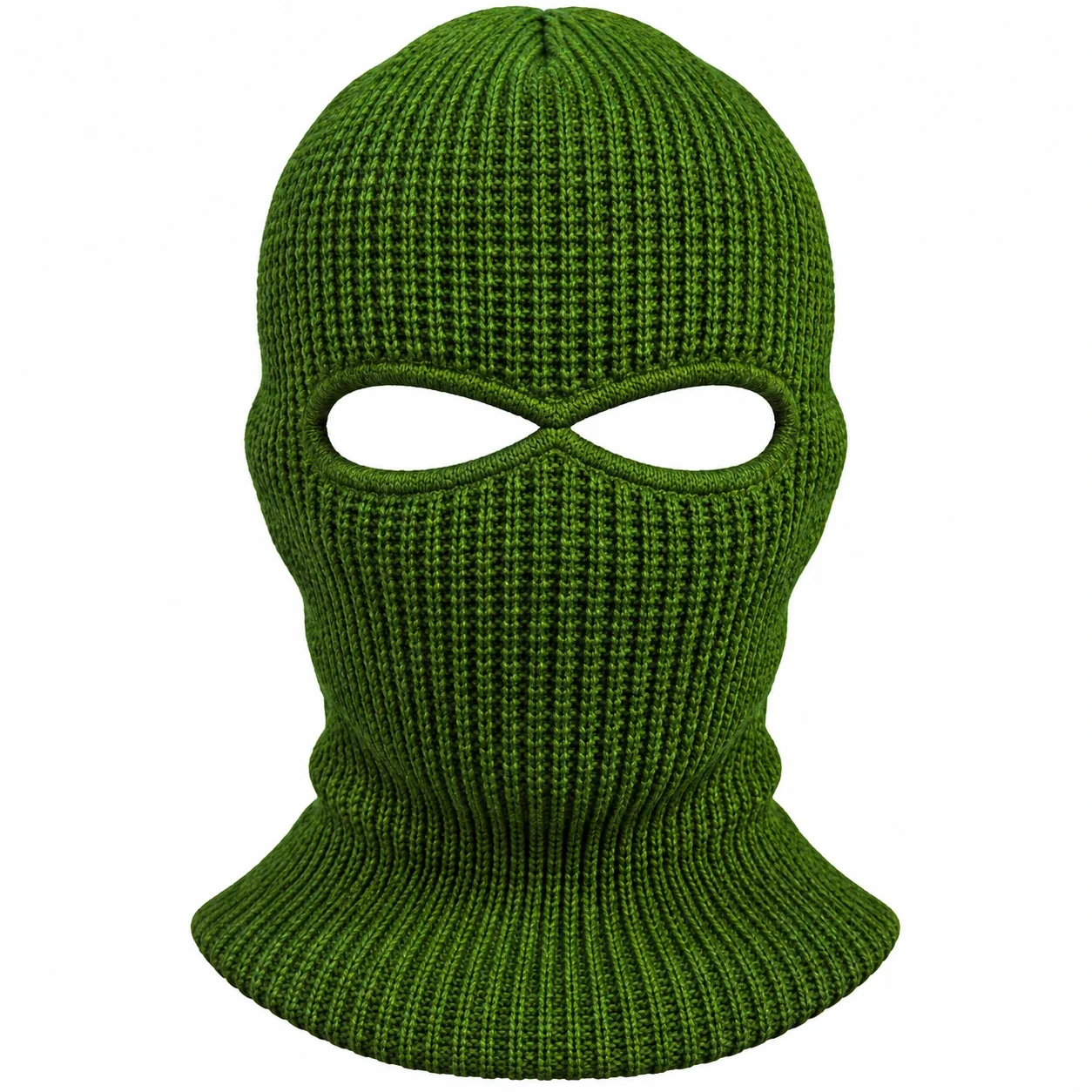 Front view of the moss green two-hole knitted balaclava