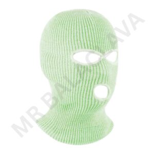 Light green knitted balaclava with eye and mouth openings, covering the head, neck, and lower face.