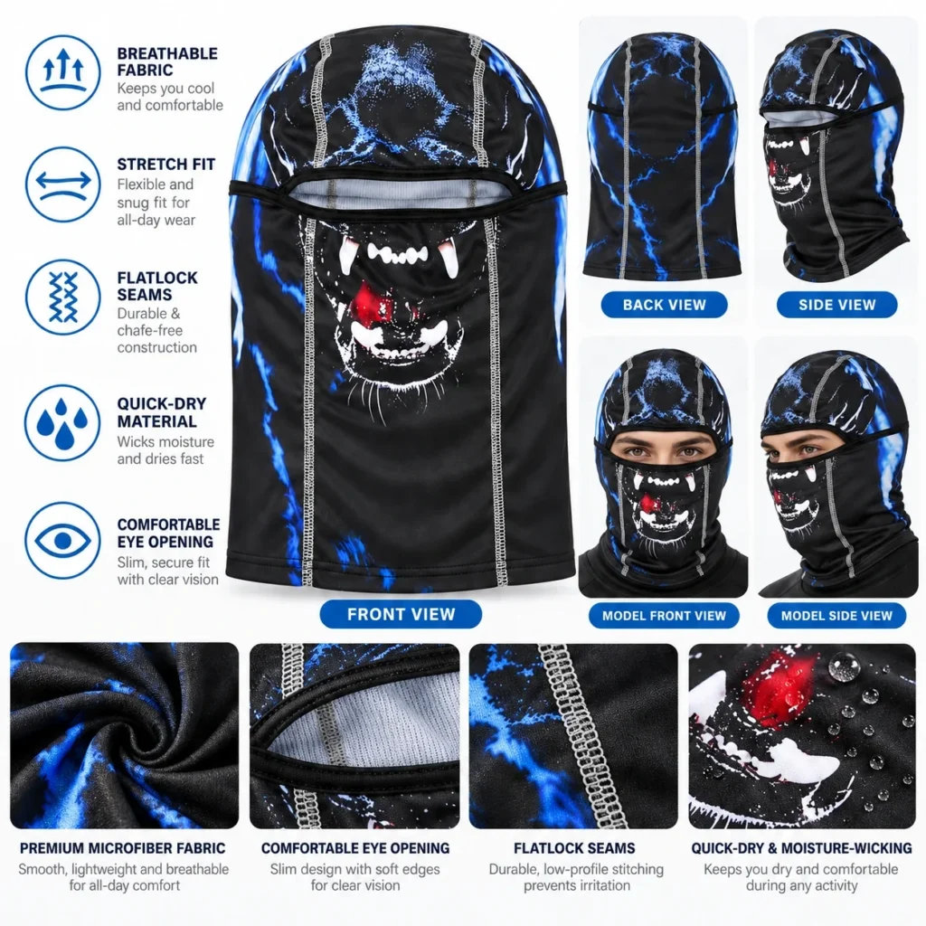 Pasamontañas estampado de una abertura – gráfico de colmillos azul: características y vistas