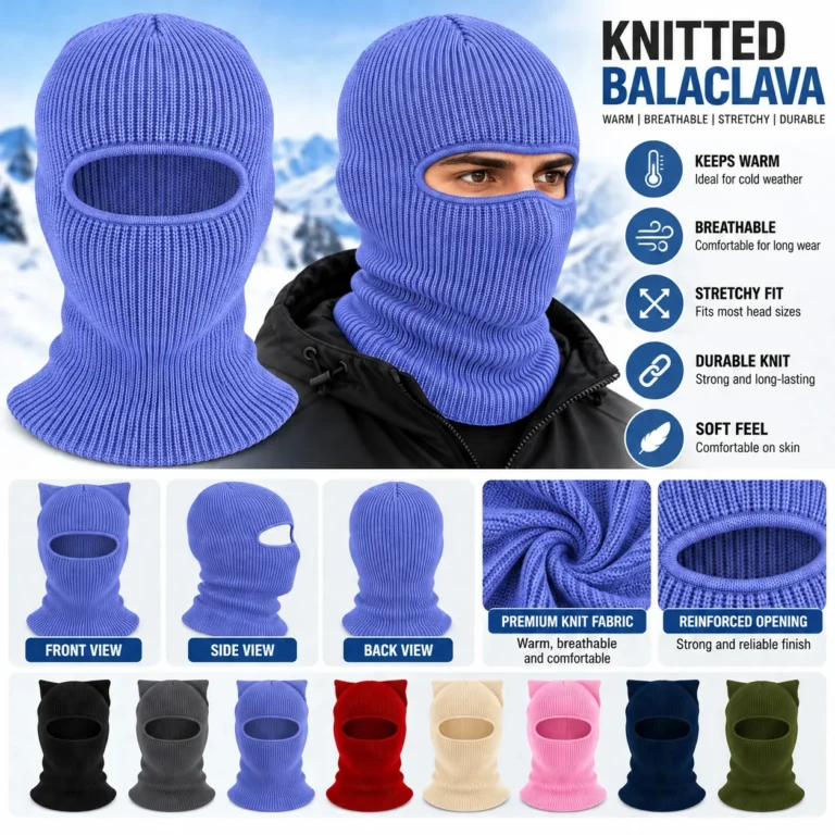 Periwinkle One-Hole Knitted Balaclava – Stretch Rib Knit, One Size: features and views