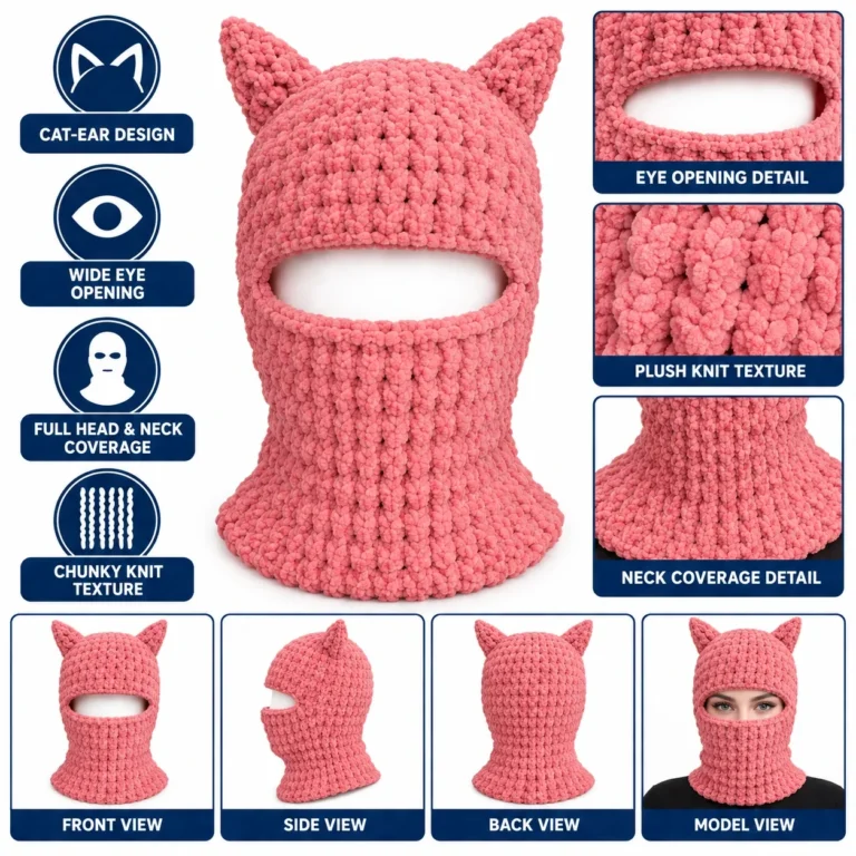 Pink Cat-Ear Knitted Balaclava – Plush Chunky Knit: features and views
