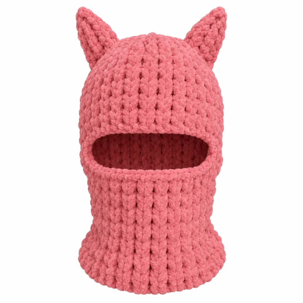 Front view of the pink cat-ear knitted balaclava