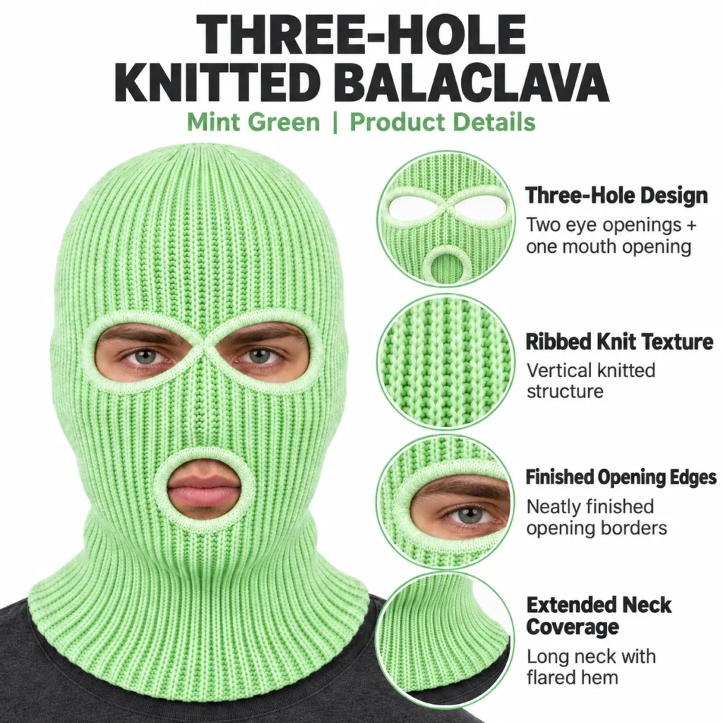 Cagoule tricotée vert pistache à trois ouvertures – col long évasé : caractéristiques et vues