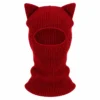 Pasamontañas tejido rojo con orejas de gato – canalé, abertura ancha – Imagen 1 de 4