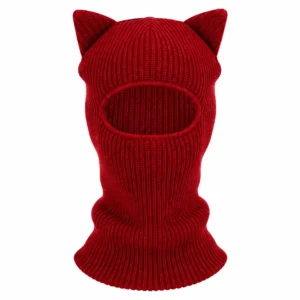 Strick-Sturmhaube in Rot mit Katzenohren – Rippstrick, breite Augenöffnung