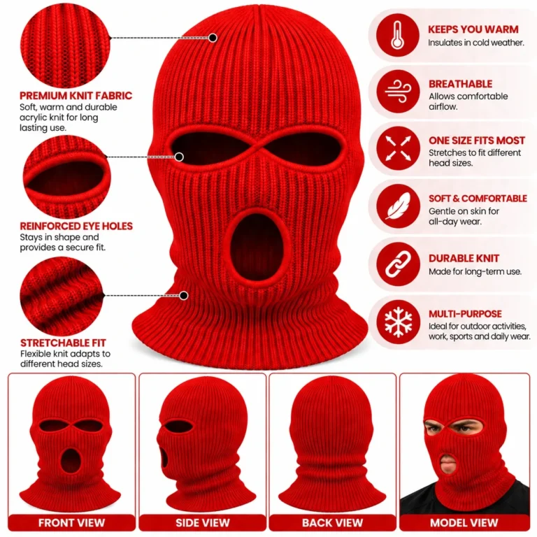 Red Three-Hole Knitted Balaclava – Soft Acrylic Rib Knit: features and views
