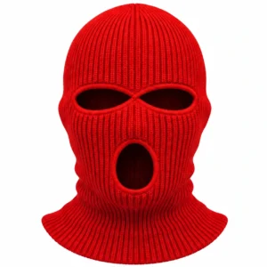 Red Three-Hole Knitted Balaclava – Soft Acrylic Rib Knit