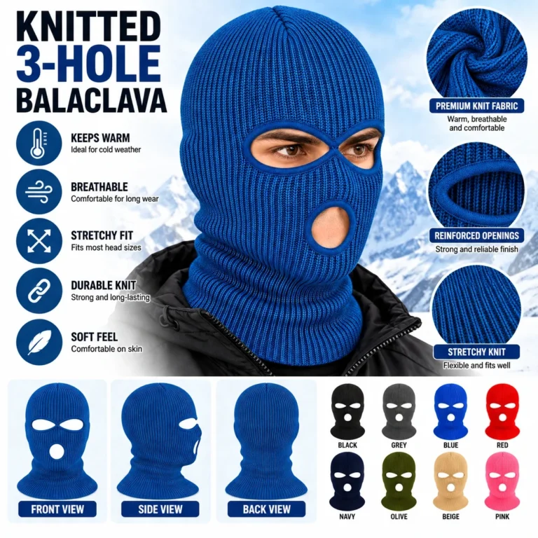 Sapphire Blue Three-Hole Knitted Balaclava – Reinforced Openings: features and views